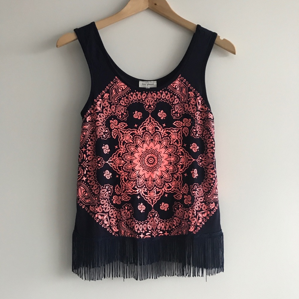 💛SALE Mandela Navy Blu & Hot Pink Fringe Tank Top